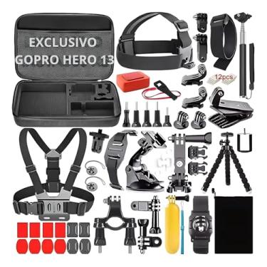 Imagem de Acessórios para GoPro Hero 13 Kit com 65 Itens Maleta Protetora Suporte de Cabeça Tripé e Bastão para Esportes e Aventuras