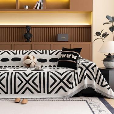 Imagem de VClife Capa de sofá Boho de chenille macia para sofá-cama, 1 capa de sofá 2GG para 3 almofadas, lavável, preto e branco, padrão jacquard protetor de sofá para sala de estar 180 x 380 cm