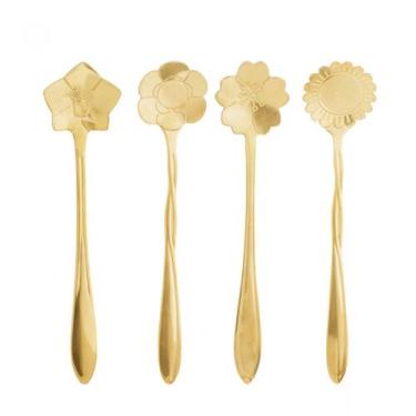 Imagem de Kit 4 Colheres de Chá de Aço Inox Dourado Flores Wolff, Dourado