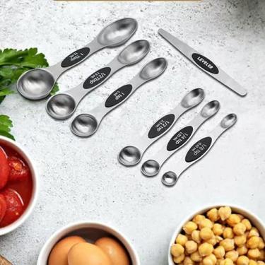 Imagem de Conjunto de 7 colheres de medição magnéticas de aço inoxidável com nivelador, colher de chá de metal dupla face e colheres de sopa, utensílios de cozinha para assar e cozinhar