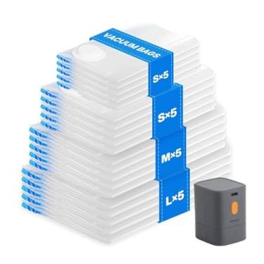 Imagem de Bonre Life Sacos de vácuo para roupas com bomba de ar recarregável, pacote com 16 sacos de compressão para bagagem e mala, economia de espaço para roupas, colchão, cobertor, edredom, travesseiros