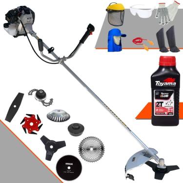Imagem de Roçadeira TBC43H Toyama 43cc C/ Carretel Nylon + Facas 2 Pontas, 3 Pontas, 6 Pontas, 40 Dentes, 80 Dentes, Trimmer e Escova de Aço + EPI + ÓLEO TOYAMA