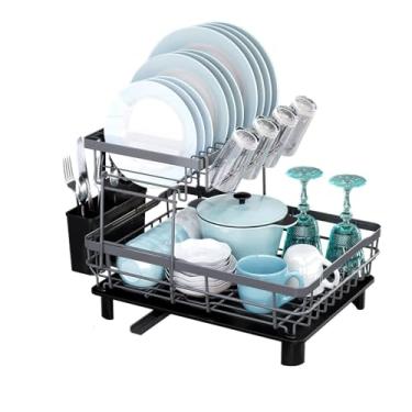 Imagem de BSNANCA Escorredor de louça grande de 2 níveis, escorredor de pratos de aço à prova de ferrugem com drenagem, escorredor de pratos multifuncional com economia de espaço para balcão de cozinha, suporte