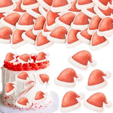 Imagem de Ephlyn 48Pcs Edible Merry Christmas Cupcake Toppers Wafer Paper Santa Claus Hat Cake Topper Picks for Celebrating Merry Xmas Theme New Year Holiday Party Decorations Supplies Red