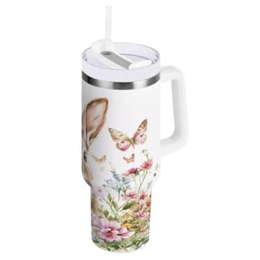 Imagem de ATTX Copo de coelho da Páscoa de 1,134 g com alça, copo de aço inoxidável a vácuo de parede dupla com palha, caneca de café de viagem isolada #26