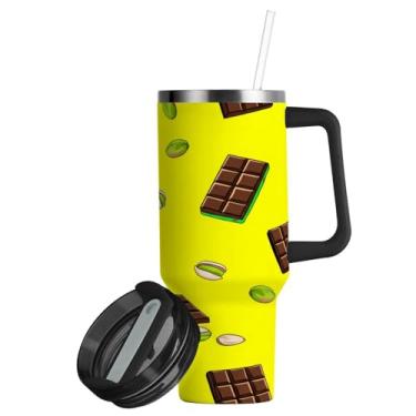 Imagem de ATTX Copo de barras de chocolate de 850 g com alça, copo de aço inoxidável a vácuo de parede dupla com palha, caneca de café de viagem isolada #114