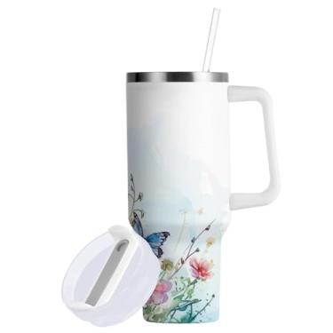 Imagem de Blueangle Copo de coelho da Páscoa de 850 g com alça e tampa de palha, copo isolado, reutilizável, garrafa de água de aço inoxidável, caneca de viagem (102)