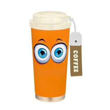 Imagem de SEHANY Caneca de viagem engraçada com olhos laranja de 482 g Copos de café reutilizáveis revestidos de cerâmica com tampa à prova de vazamento, parede dupla, isolamento a vácuo, copo de café de aço