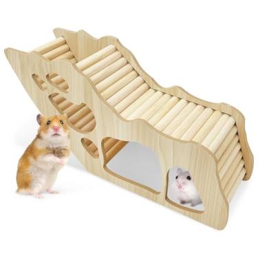 Imagem de PINVNBY Esconderijo em túnel e escada de escalada de hamster de madeira para hamster acessórios de decoração para ratos gerbilos ou outros animais pequenos (túnel de labirinto)