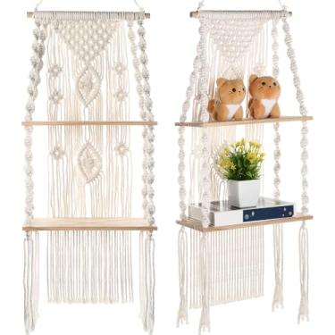 Imagem de Barydat Pacote com 2 prateleiras de macramê para pendurar na parede, 2 camadas, boho, prateleira de parede, flutuante, tecido, corda, decorativa, organizador para casa, quarto, banheiro, plantas, bege