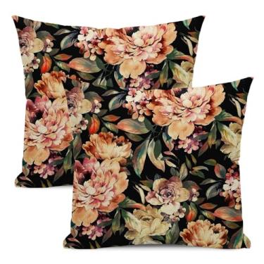 Imagem de Yxuiyal Conjunto de 2 capas de almofada florais de primavera, 45,7 x 45,7 cm, vintage, preto, laranja, flor, fronha, decoração de verão, capa de almofada decorativa para casa, sofá, decoração ao ar