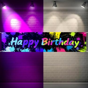Imagem de Tegeme Fontes de festa que brilham no escuro neon Happy Birthday Banner sinal de varanda para decoração de festa temática de luz negra cenário de cabine de fotos