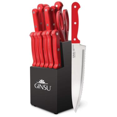 Imagem de Conjunto de Facas em Aço Inoxidável com Bloco de Bancada, 14 Peças, Ginsu Kiso, Vermelho