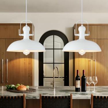 Imagem de GUIHUALOVE Luzes pendentes brancas para ilha de cozinha, pacote com 2, cúpula de 35 cm, luminária pendente branca para casa de fazenda, luzes pendentes industriais para cozinha, celeiro, corredor