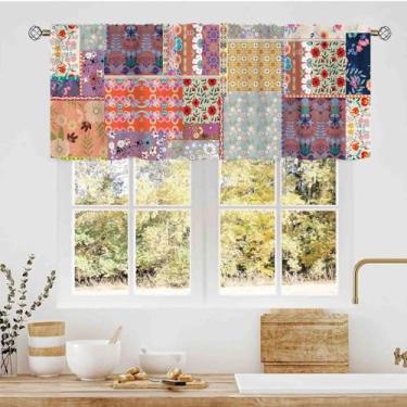 Imagem de Cortina de saia floral boêmia, estampa retrô boêmia, colorida, retrô, bolso para varão, cortinas de janela pequenas para cozinha, café, sala de estar, quarto, armário, banheiro, 137 x 45 cm