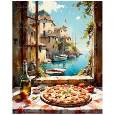 Imagem de Kit de pintura de alimentos à beira-mar por números para adultos – Pintura DIY de pizza e vista da cidade costeira em tela 40,6 x 50,8 cm, conjunto de tinta acrílica, adequado para iniciantes, arte