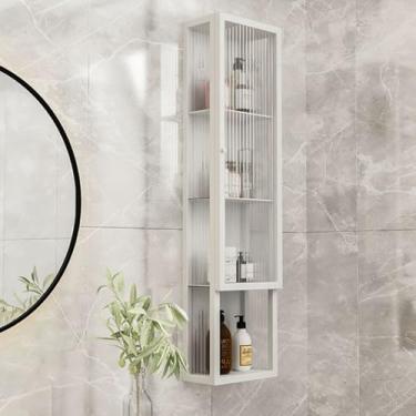 Imagem de Armário de parede de metal contemporâneo com portas de vidro, aço inoxidável e vidro, 25 x 15 x 90 cm, branco, portas deslizantes para banheiro e cozinha, armazenamento de parede com economia de