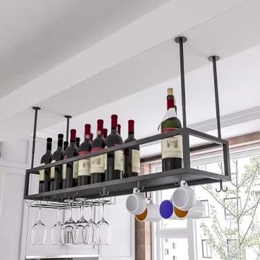 Imagem de Rack de vinho de montagem no teto com suporte de vidro, rack de vinho suspenso de metal de altura ajustável de 30 a 59,9 cm, rack de vidro de vinho de teto, para bar café cozinha (cor: preto, tamanho