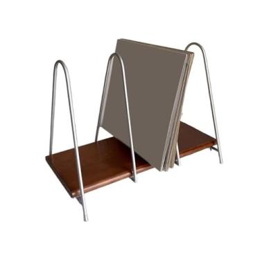 Imagem de VHDY85KA Organizador de discos de vinil para mesa aberta com base de madeira e suporte de metal