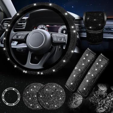 Imagem de Conjunto de Acessórios Automotivos 7 Peças - Capa de Volante com Strass Brilhante e Capas de Cinto de Segurança, Decorativo e Protetor (Preto,38cm)