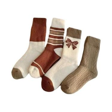 Imagem de Meias Femininas Rosa De Cano Médio 4 Pares De Veludo Quente De Lã Com 