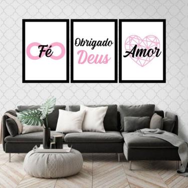 Imagem de Kit 3 Quadros Decorativos Fé, Obrigado Deus, Amor Rosa