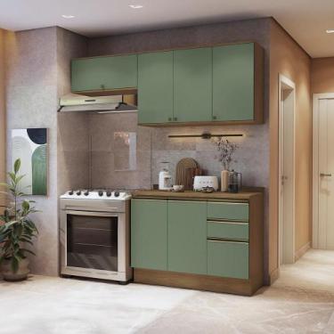 Imagem de Armário De Cozinha Compacta 3 Gavetas 100% Mdf 200cm Nogueira/verde Ce