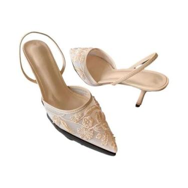 Imagem de Sapatos De Salto Alto Com Flores Bordadas Em Rede Branca Para Mulheres