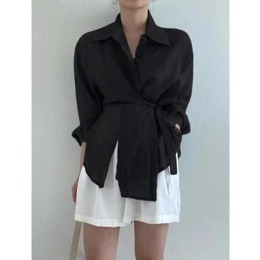 Imagem de Blusa Casual Irregular De Manga Longa Para Mulheres, Camisa Elegante S
