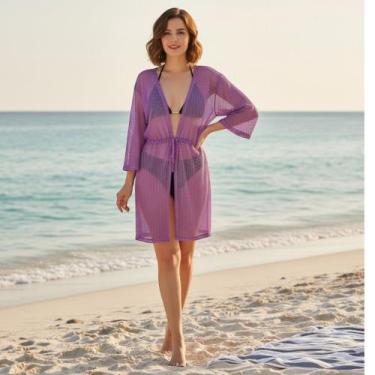 Imagem de Saída De Praia/ Kimono Em Renda De Arrastão Moda Verão - Corpo Dourado
