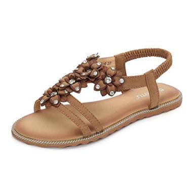 Imagem de HNGHOU Sandálias femininas de verão, casual, confortável, boêmia, praia, rasteira, bico aberto, tornozelo e cristal gladiador, Marrom, 37