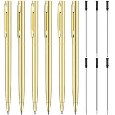 Imagem de 6 canetas esferográficas metálicas, fina, retrátil, caneta de metal, tinta preta, mini caneta esferográfica cônica e 6 recargas para casamentos, negócios, escritório, estudante, professor, ponta média de 1,0 mm (dourada)