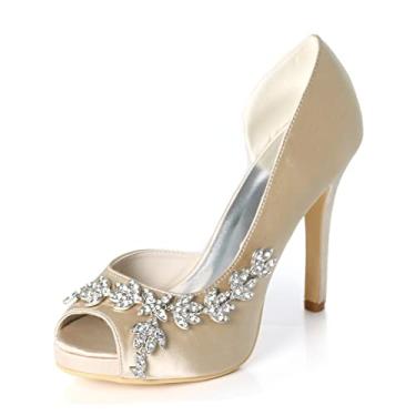 Imagem de Sapatos de noiva de casamento feminino stiletto marfim peep toe cetim sapatos de salto alto com strass 35-42,Champagne,5 UK/38 EU