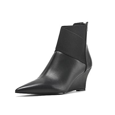 Imagem de TinaCus Botas femininas de couro genuíno feitas à mão bico fino salto anabela com zíper nas costas, Preto, 8