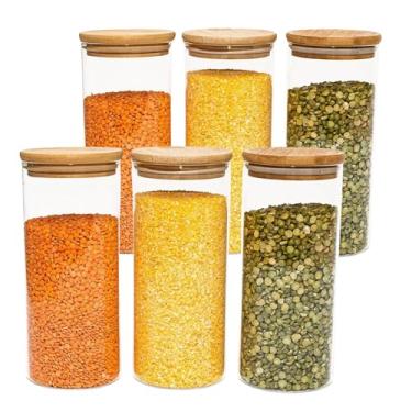 Imagem de Potes de Vidro com Tampa de Bambu - 200ml a 2L, Kits de 5,10,11 Un, Multiuso, Conservação Alimentos, Temperos, Organização Cozinha, Ecológico (Kit 6 Potes de 800ml)