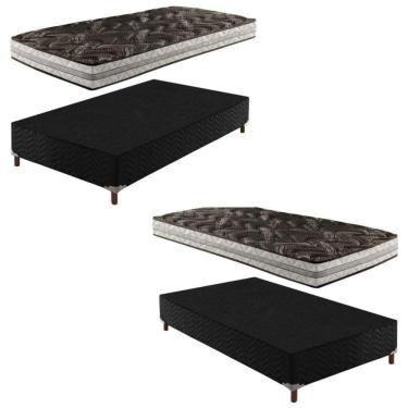 Imagem de 2 Bases Box Solteiro Íris 42x88x188cm com Kit com 2 Colchões Solteiro Unique D33 Plus 14x88x188cm Preto Elegancy