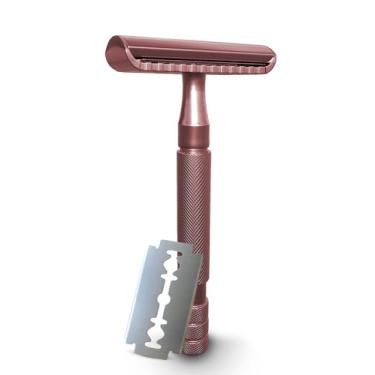 Imagem de Navalha segura, lâmina de segurança de borda dupla, com 10 lâminas de barbear de segurança de borda dupla revestidas de platina (ouro rosa). Essenciais de viagem reutilizáveis. Este barbeador durará