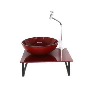 Imagem de Kit cuba de vidro redonda 10mm tampo 40cm vermelho cereja full com sup