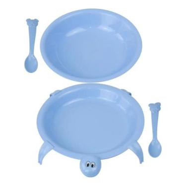 Imagem de Kit Refeição Infantil com 4 Peças Prato Colher Azul Formato Tartaruga 