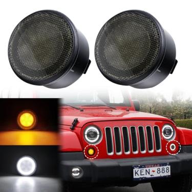 Imagem de Aexploer Para JK Front Grill Luzes de seta para Wrangler JK JKU 2007-2018, halo branco como luzes de corrida diurna, LED amarelo Honycomb como seta 2 peças (lente fumada)