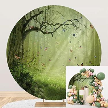 Imagem de DORCEV Capa de fundo redonda floresta encantada 2,3 x 2,3 m poliéster desenho animado conto de fadas mundo fotografia fundo verde borboletas criança 1º aniversário festa chá de bebê retrato estúdio
