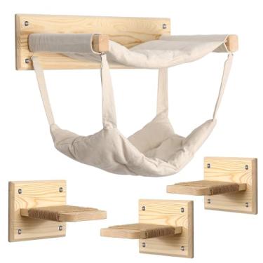 Imagem de Móveis para gatos montados na parede com rede dupla e degraus de sisal – Centro de atividade vertical de vários níveis para gatos – Prateleira de escalada interna aconchegante, poleiro, playground e