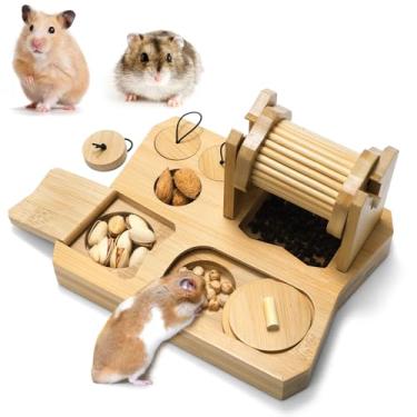 Imagem de Mezchi Brinquedos de forrageamento 6 em 1 de porquinho-da-índia, brinquedos de enriquecimento de hamster de bambu, alimentador de quebra-cabeça com petiscos de pele para pequenos animais, coelhos