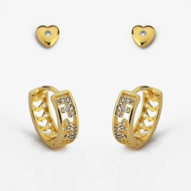 Imagem de Kit Brincos Argola e  Segundo Furo Brinco de Coração Banhado Ouro 18k 
