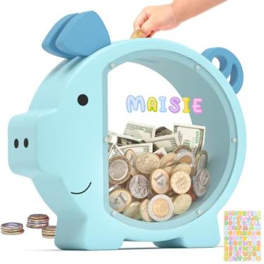 Imagem de Summidate Cofrinho de madeira para meninos, meninas, crianças, adultos, grande, inquebrável, moeda, economia, jarra para crianças, presente personalizado, decoração de berçário (cofrinho azul,