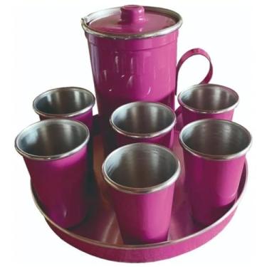 Imagem de Jogo de 6 Copos Com Jarra e Bandeja 8 Peças Kit Suco de Alumínio (Rosa Chiclete)