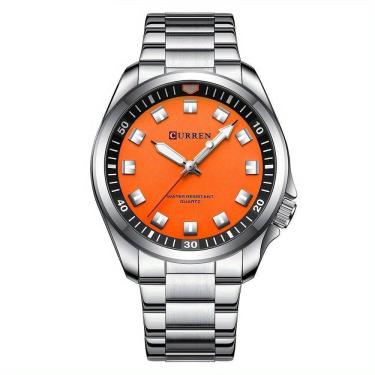 Imagem de Relógio De Quartzo Masculino Pulseira De Aço Inoxidável Resistente à água 30m Esportivo Prata Laranja