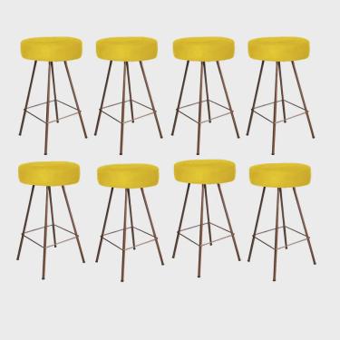 Imagem de Kit 08 Banqueta Alta Laisa Industrial Redonda Cozinha Bar Balcão Bistrô Ferro Bronze Suede Amarelo - Ahz Móveis