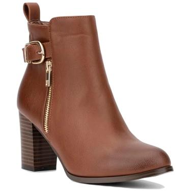 Imagem de NY & C Bota feminina Angie, botas redondas, forro de tecido, sola de borracha termoplástica com salto bloco, Conhaque, 41