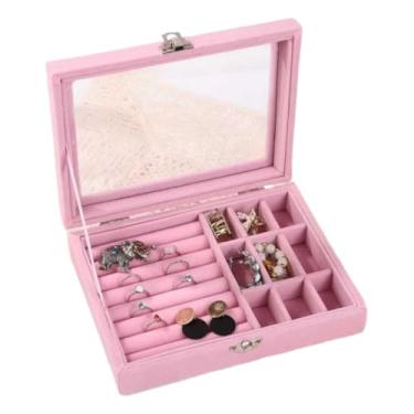 Imagem de Porta Joias Organizador Caixa Simples Tampa Vidro Camurça Delicado Veludo Divisórias - Anéis Brincos Pulseiras(Rosa Claro)